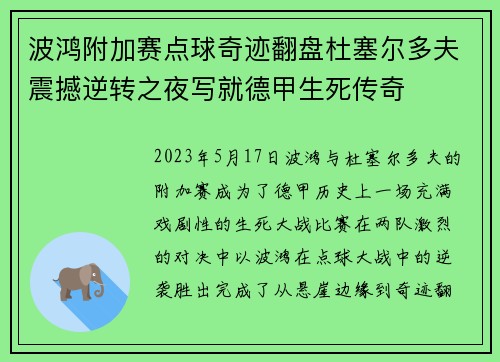 波鸿附加赛点球奇迹翻盘杜塞尔多夫震撼逆转之夜写就德甲生死传奇